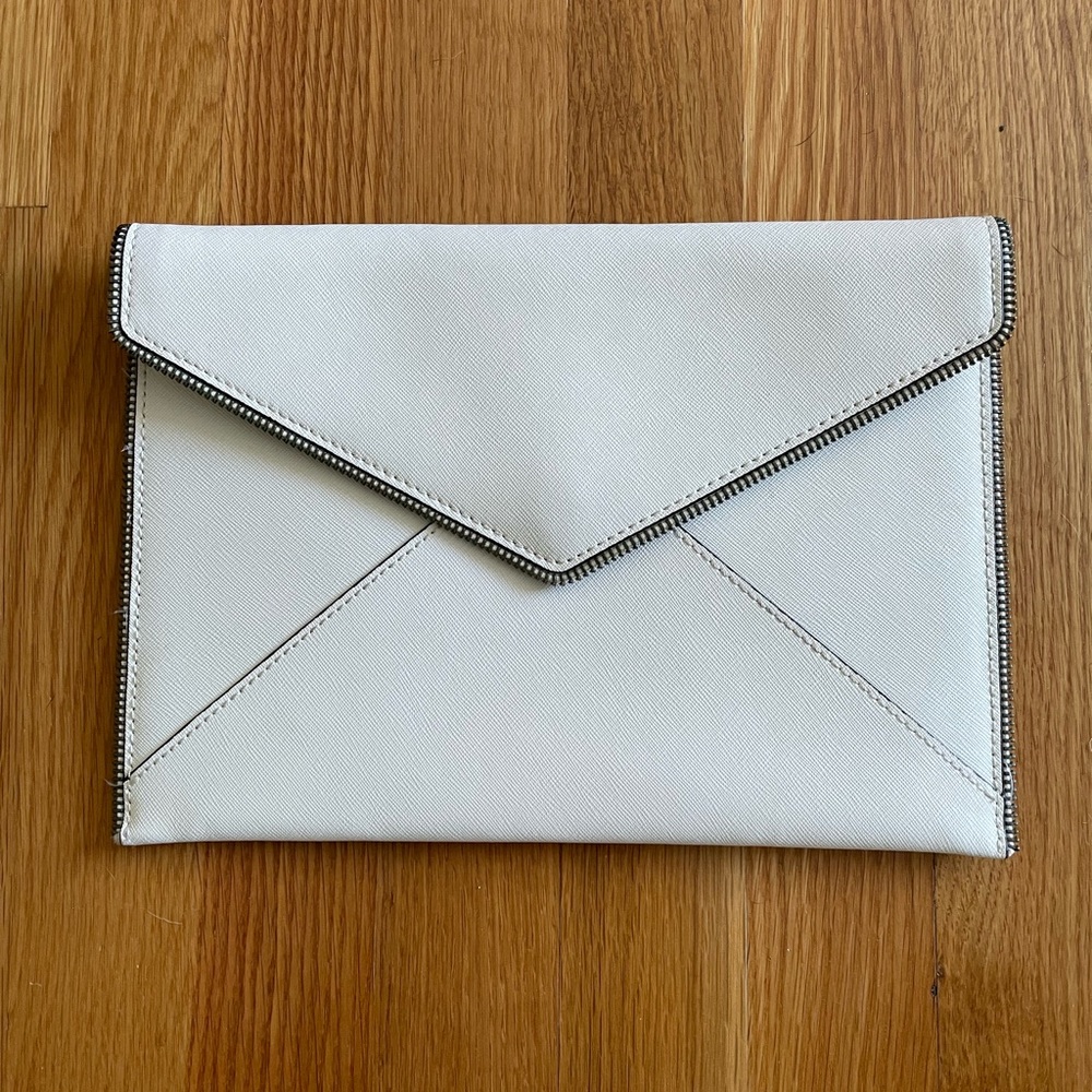 Rebecca Minkoff envelope clutch, white leather, silver zipper details